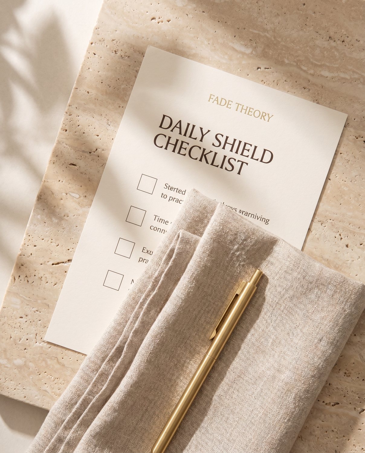 Daily Shield Checklist printable with amber bottle on warm stone